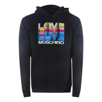 Moschino Mens Love Multi Logo Black Hoodie Cotton - Size X-Large