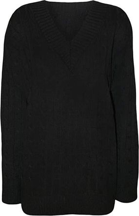 Purple Hanger New Ladies V Neck Cable Knitted Cricket Jumper Womens Stretch Long Sleeve Stripe Top (Plain Black, Numeric_16)