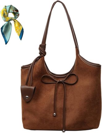 Generic Women Simple Commute Underarm Suede Purse with Bow,Brown Slouchy Hobo Shoulder Bags,Trendy Fall Tote Bag Work Daily (Brown)