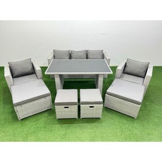 Fimous Patio Garden Furniture Sets with Black Glass Top Dining Table Armchair 3 Seater Sofa 4 Stools Light Grey - Fimous