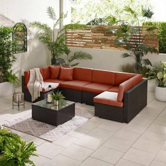 Furniturebox Orlando 6 Seat Modular Outdoor Garden Rattan Sofa in Terracotta