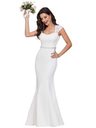Ever-pretty Womens Square Neck Cover Sleeves Bodycon Empire Waist Fishtail Floor Length Lace Mermaid Bride Dresses Wedding Cream White 10UK