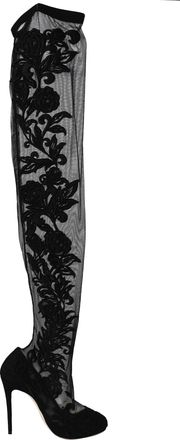 Dolce & Gabbana Zwarte Bloemen Kant Enkelboots Hakken