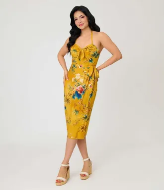 Unique Vintage Leilani Sleeveless Sarong Dress in Yellow Floral Print at Nordstrom, Size X-Small