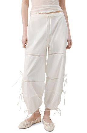 Mango Lace & Bow Detail Cotton Pants in Ivory White at Nordstrom, Size Medium