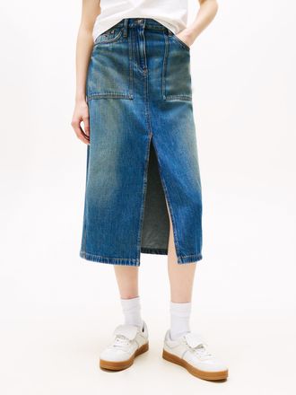 Tommy Jeans Jeansrock TOMMY JEANS CLAIRE MIDI SKIRT UTILITY CI2037, Damen, Gr. 25, blau (denim medium), Denim/Jeans, Obermaterial: 100% Baumwolle, unifarben, ca. 