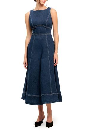 Flying Tomato Sleeveless Stretch Denim Midi Dress in Medium Indigo at Nordstrom, Size Large