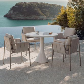 Sklum Set De Mesa Redonda &Oslash;90 Cm En Cemento Y Fibra De Vidrio Melody Y 4 Sillas De Jard&iacute;n Con Reposabrazos Tapizadas Y En Acero Zunika Sklum