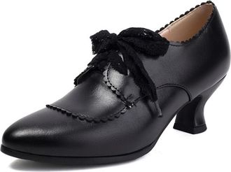 Generic Womens PU Leather Lace-Up Pumps Pointed Toe Low Stiletto Heel Scalloped Edge Lace Bow Decoration Soft Lining Reinforced Stitching Stylish Shoes,Black,