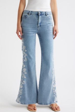 Tractr Flower Embroidered Flare Leg Hems in Light Indigo at Nordstrom, Size 26