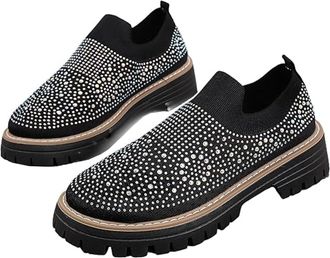 Generic Womens Knitted Mesh Platform Slip On Rhinestone Loafers, Fashion Glitter Chunky Heel Sneakers, Casual Slip-On Walking Shoes for Work Driving (Black,6.