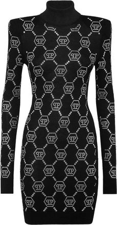 Philipp Plein Gebreide Strass Mini Jurk Met Gevoerde Schouders Monogram - Dames - Kleedjes - Zwart - S - Wol - Kleedjes