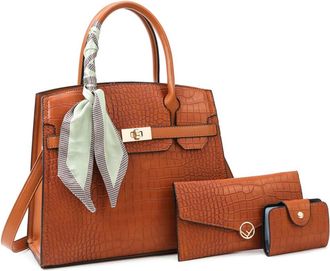 Generic Women Top Handle Crossbody Bag Crocodile Pattern Leather Purse Handbag Ladies Satchel Totes with Clutch 3PCS Set (Brown)