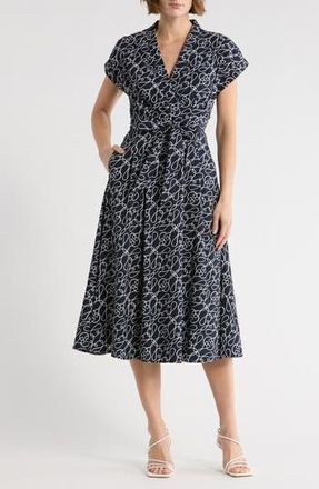 T Tahari Short Sleeve Fit & Flare Midi Dress in Knotted Dream Print at Nordstrom Rack, Size 10