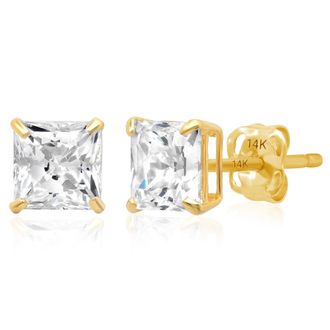 MAX + STONE 14k Yellow or White Gold Princess Cut Cubic Zirconia Stud Earrings 4MM to 7MM