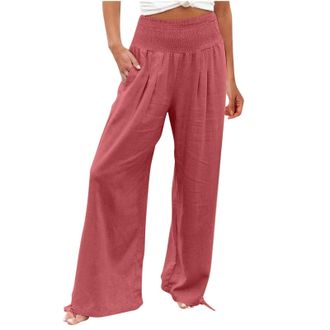 Generic Casual Trousers Womens Summer Cotton Linen Plain Pants Solid Color Elastic Waist Pants Wide Leg Hawaiian Beach Holiday Trouser Side Pocket Lightweight
