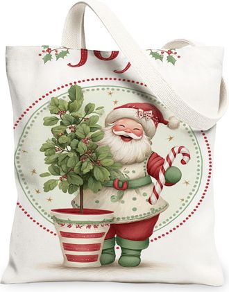 Generic Christmas Santa Plant Canvas Tote Bags, Holiday Floral Pattern Reusable Grocery Bags, Vintage Lightweight Washable Shoulder, White, 13x15 Inch
