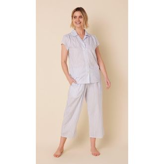 The Cats Pajamas Luxe Pima Cropped Pajama Print Set in Classic Stripe Blue at Nordstrom, Size X-Small