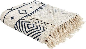 Beliani Beliani - Manta De Algod&oacute;n Motivo Geom&eacute;trico Accesorio Tejido A Mano Flecos Beige Y Azul Marino 220 X 240 Cm Najuy