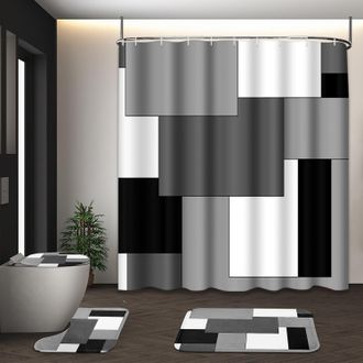 OEM Juego De Ba&ntilde;o De 4 Piezas: Cortina A Cuadros Blancos Y Negros + Funda Para El Asiento Del Inodoro + Alfombrilla Antideslizante - Estilo Abstracto Mode