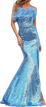 Sherri Hill Feather Fringe Sequin Prom Gown In Periwinkle
