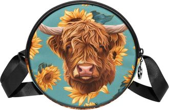 Generic Circle Crossbody Bag for Women, Cow Sunflower Small Sling Bag Daypack with Zipper Adjustable Shoulder Straps Casual Ladies Girls Round Purse