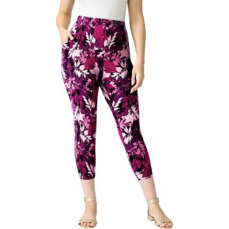 Roaman's Side-Pocket Essential Capri Legging in Berry Layered Leaves at Nordstrom, Size 36