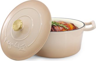 MegaChef 5.3 Quarts Round Enameled Cast Iron Casserole with Self Basting Lid in Peanut Butter