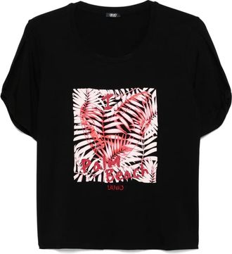 Liu Jo rhinestone-embellished printed T-shirt - women - Spandex/Elastane/Viscose - S - Black