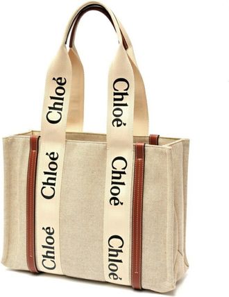 Chlo&eacute; Brown White Canvas Leather Tote Bag (Pre-Owned)