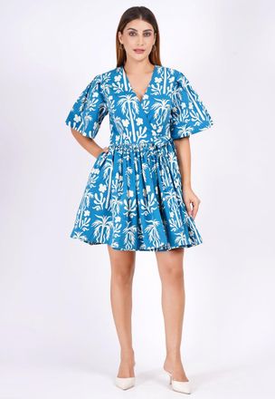 Leota Alena Mini Wrap Dress Palm Fields Mykonos Blue
