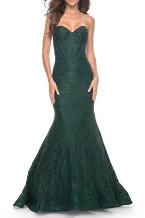 La Femme Mermaid Stretch Lace Dress with Bustier Top and Sheer Back in Dark Emerald at Nordstrom, Size 00