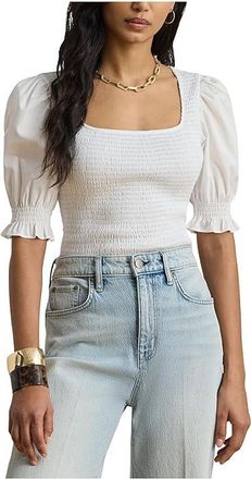 Lauren Ralph Lauren Smocked Cotton Jersey Puff-Sleeve Top Womens Clothing White : XL, Cotton/Polyester