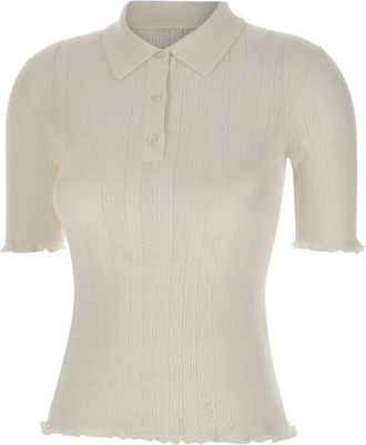 Victoria Beckham Polo Top met Ruches - Dames - Ronde hals truien - Wit - L - Katoen - Truien & Vesten