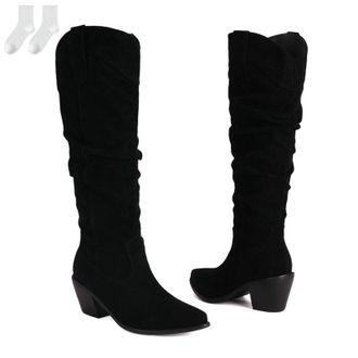 Generic Womens Knee-High Boots in A Suede Look, Casual Pull-On Boots with A Block Heel, Comfortable Tall Boots with A Pointed Toe for Everyday Wear, Autumn An