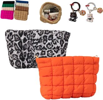 Generic Solid Color Quilted Design Clutch, Large Capacity Travel Storage Bag, Cute Quilted Puffer Makeup Bag,Women Travel Toiletry (2PCS-F)