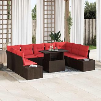 vidaXL Vidaxl Set Divano Da Giardino 10 Pz Marrone E Rosso Polyrattan