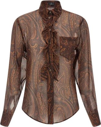 Etro Zijden Blouse met Ruches en Paisley Motief - Dames - Blouses - Bruin - 2XS - Chiffon - Overhemden