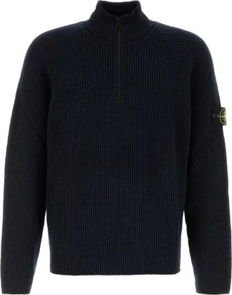 Stone Island Geribbelde trui met halve rits - Blauw