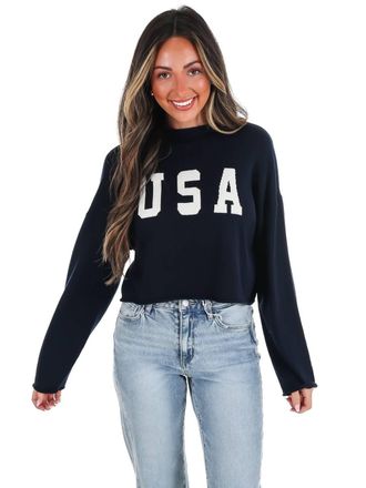 Le Lis Blanc Deux Varsity Usa Mock Neck Crop Sweater In Navy