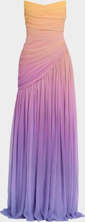 Pamella Roland Strapless Ombre Chiffon Drop-Waist Gown
