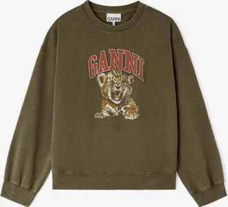 Ganni Green Crewneck with Tiger - Size XXS Organic Cotton