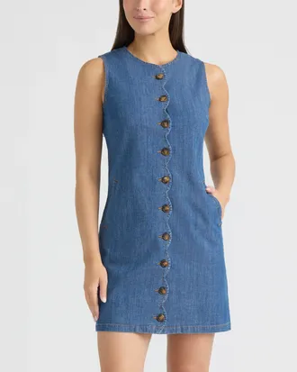 Ellen Tracy Womens Sleeveless Scallop Button Front Mini Dress