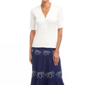 Karen Kane Short Sleeve Ribbed Cardigan V-Neck Sweater In Off White
