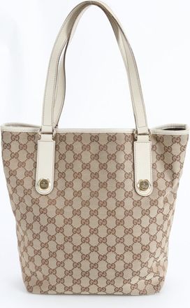 Gucci Brown Off-White Leather Canvas Handbag Tote Bag (Pre-Owned)