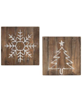 Melrose International Set Of 2 Distressed Wood Snowflake & Tree Block