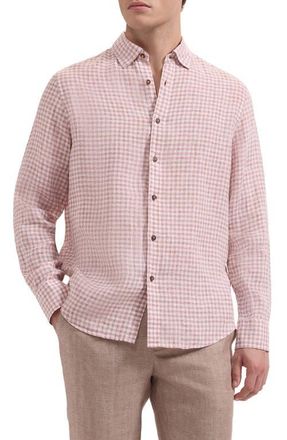 Bugatchi Karl Shaped Fit Gingham Check Linen Button-Up Shirt in Brick at Nordstrom, Size Xxx-Large