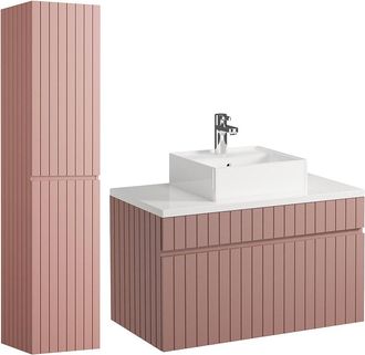 Vente-Unique Mueble de ba&ntilde;o suspendido estriado rosa con lavabo sobre encimera y columna - 80 cm - SATARA