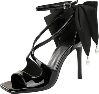 Generic Heel Sandals for Women Open Toe Stiletto High Heel Sexy 10CM Openwork Bow Pearl Pump Party Dress Heel (8.5)