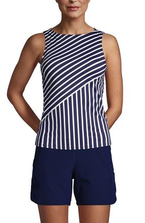 Lands End Mastectomy Chlorine Resistant Square Neck Tankini Top Swimsuit Adjustable Straps in Deep Sea Mixed Diagonal Stripe at Nordstrom, Size 10